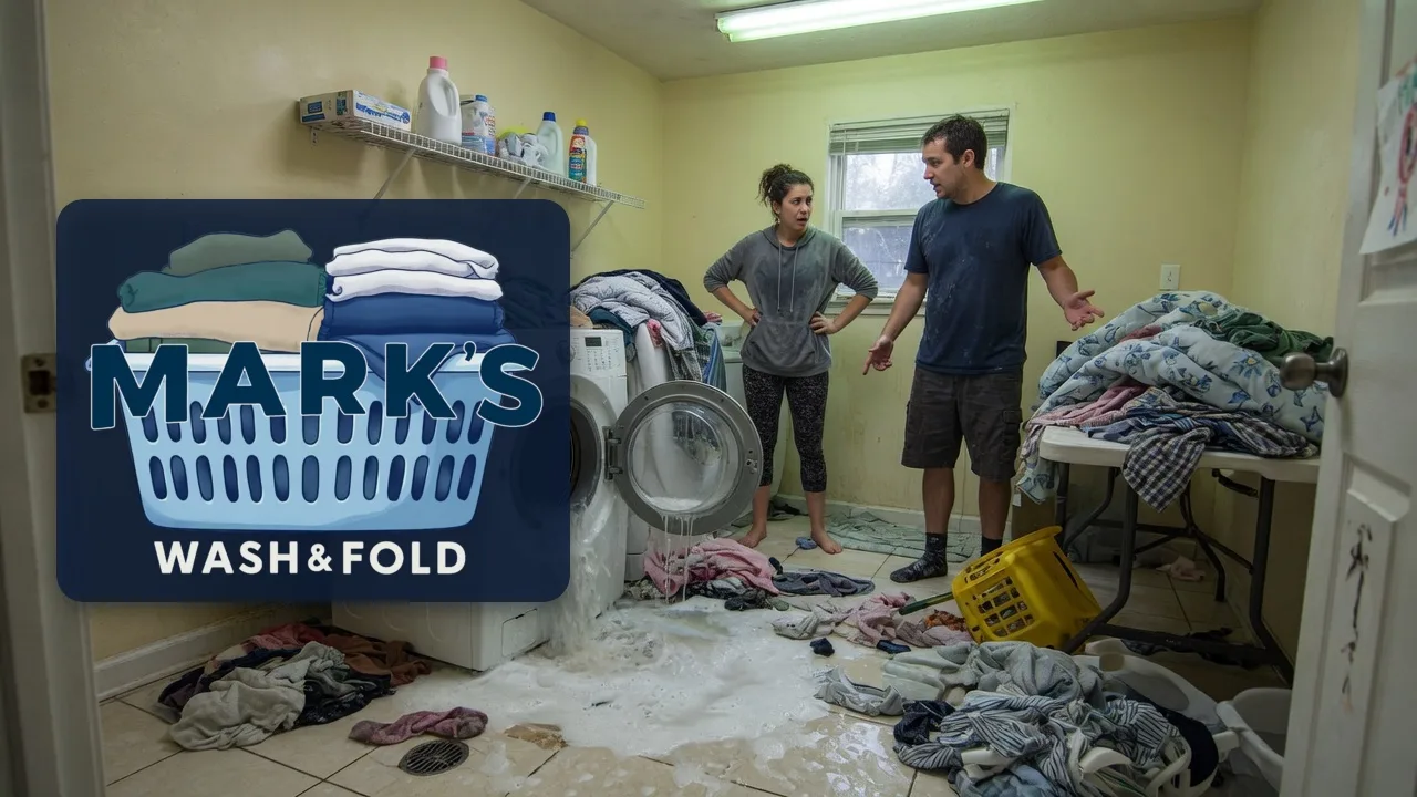 Broken washing machine overflowing with water and laundry, with the Mark's Wash & Fold logo
