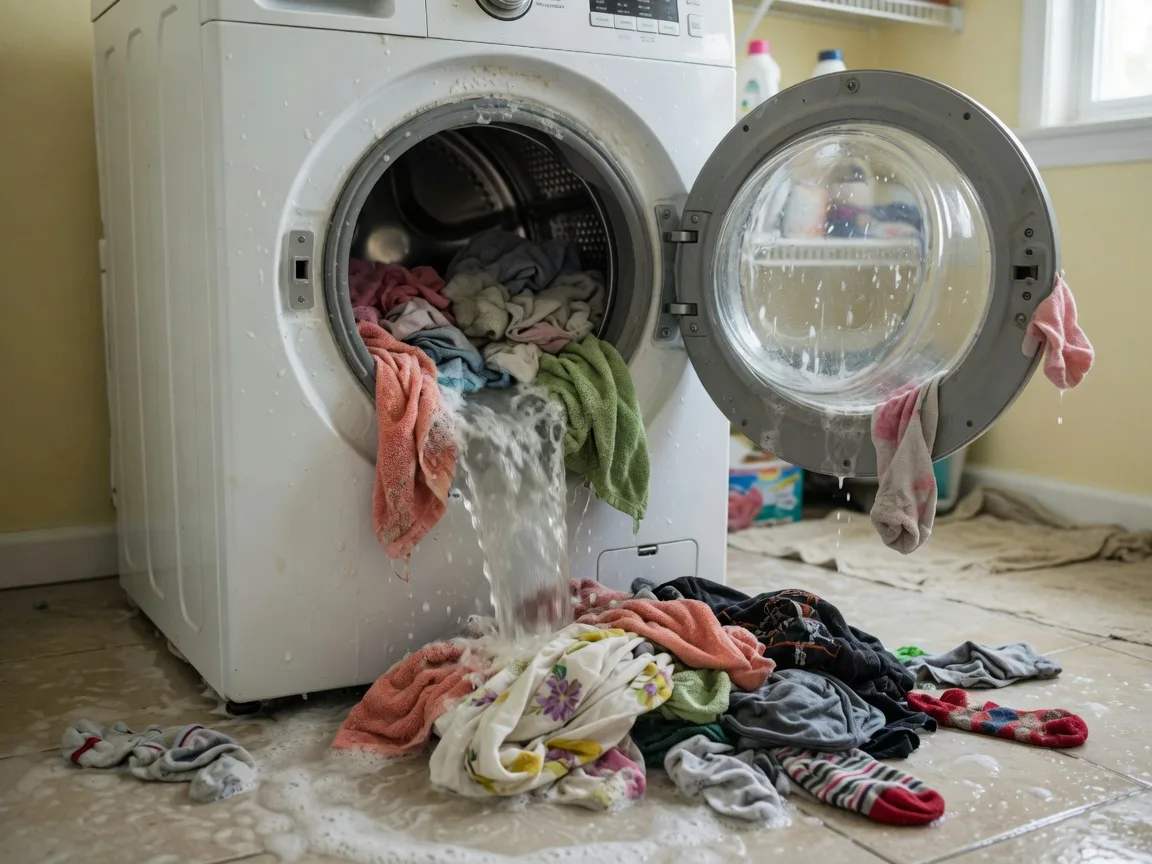 Broken washing machine pouring water onto a load of laundry on the floor