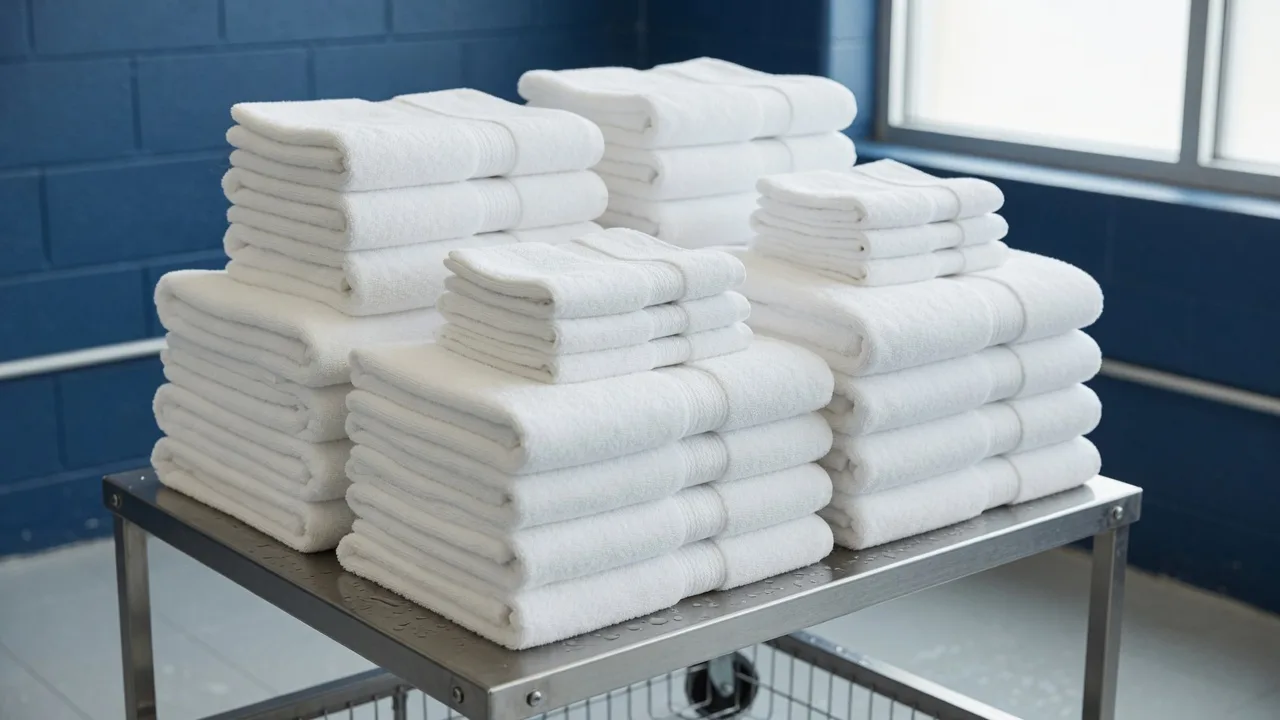 Stacks of freshly washed and folded white gym and bath towels on a stainless cart, ready for pickup and delivery.