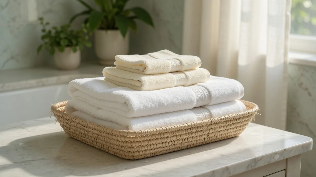 Folded white and cream towels in a woven basket on a marble counter — Menlo Park towel laundry pickup.