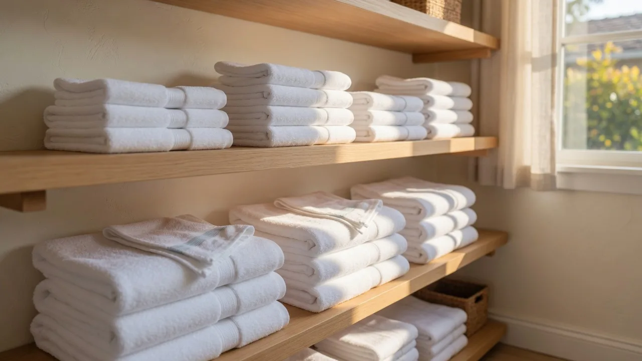 Folded white bath towels stacked on sunlit linen shelves — Palo Alto towel laundry pickup and delivery.