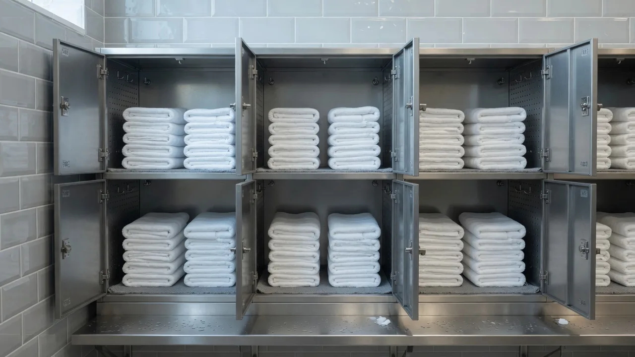 Stacks of folded white gym towels in open metal locker-room cubbies — Redwood Shores campus towel service.